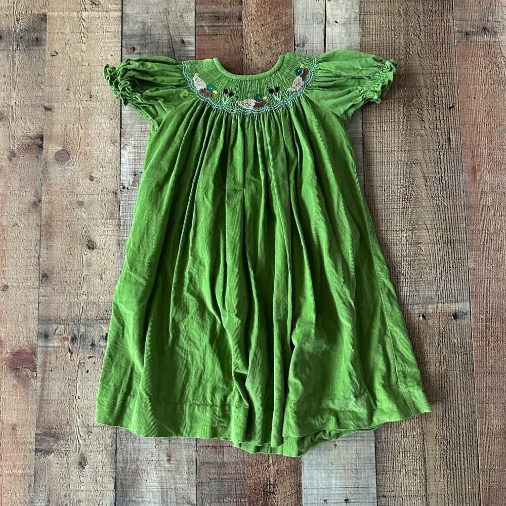 Zuccini Girls Size 4T Smocked Mallard Duck Embroidered Green Corduroy Dress